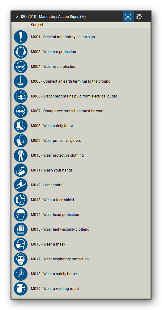 ISO 7010 Safety Signs tool set for Bluebeam Revu, Mandatory Action Signs (M) set (part 1 of 4) - 71 blue mandatory action signs: general mandatory action sign, wear ear, eye, foot, hand, head and respiratory protection, high-visibility clothing, safety harness, face shield, welding mask, use handrail, use footbridge, disconnect before maintenance, keep locked, ventilate, wash and disinfect hands, and lifeboat launch sequence signs. Tool Chest in Detail view, one row per sign with its number and full name.