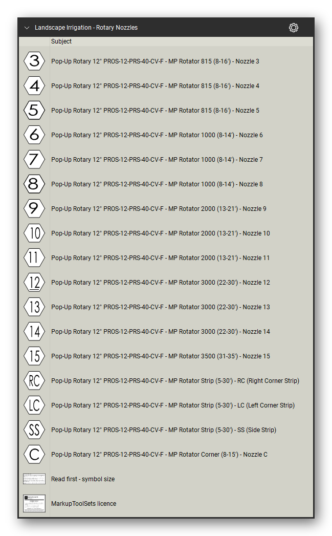 Landscape Irrigation tool set for Bluebeam Revu, Rotary Nozzles set (part 4 of 4) - 76 rotary nozzle symbols: hexagon tags numbered 1 to 15, corner and strip nozzles for rotary on riser and 6" and 12" pop-up bodies at 30 and 40 PSI, each named with its nozzle series and radius. Tool Chest in Detail view, one row per tool with its full name.
