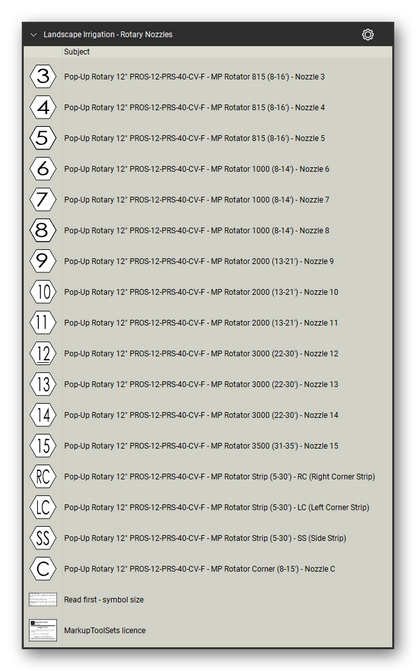Landscape Irrigation tool set for Bluebeam Revu, Rotary Nozzles set (part 4 of 4) - 76 rotary nozzle symbols: hexagon tags numbered 1 to 15, corner and strip nozzles for rotary on riser and 6" and 12" pop-up bodies at 30 and 40 PSI, each named with its nozzle series and radius. Tool Chest in Detail view, one row per tool with its full name.