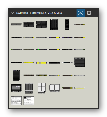 Network Switches & Routers tool set for Bluebeam Revu, Extreme SLX, VDX & MLX set - 36 views of 31 devices, front and rear: MLX-1GFx24-X, MLXe-4, MLXe-8, MLXe-16, MLXe-32, SLX 9030-48S, SLX 9030-48T, SLX 9640-24S, SLX-9140-48V, SLX-9240-32C and 21 more. Tool Chest in Symbol view.