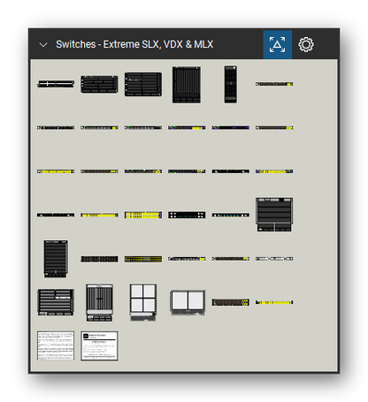 Network Switches & Routers tool set for Bluebeam Revu, Extreme SLX, VDX & MLX set - 36 views of 31 devices, front and rear: MLX-1GFx24-X, MLXe-4, MLXe-8, MLXe-16, MLXe-32, SLX 9030-48S, SLX 9030-48T, SLX 9640-24S, SLX-9140-48V, SLX-9240-32C and 21 more. Tool Chest in Symbol view.