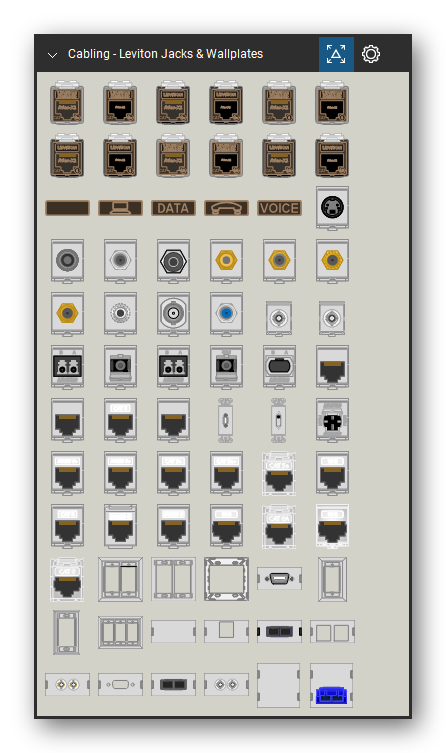 Patch Panels, Fiber & Outlets tool set for Bluebeam Revu, Leviton Jacks & Wallplates set (tools 1-72 of 151) - 72 tools: 5ESJK-Rx5, 5ESJK-Sx5, 5EUJK-Rx5, 5EUJK-Sx5, 61SJK-Rx6, 61SJK-Sx6, 61UJK-Rx6, 61UJK-Sx6, 6ASJK-Rx6, 6ASJK-Sx6 and 62 more. Tool Chest in Symbol view.