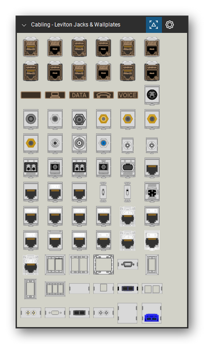 Patch Panels, Fiber & Outlets tool set for Bluebeam Revu, Leviton Jacks & Wallplates set (tools 1-72 of 151) - 72 tools: 5ESJK-Rx5, 5ESJK-Sx5, 5EUJK-Rx5, 5EUJK-Sx5, 61SJK-Rx6, 61SJK-Sx6, 61UJK-Rx6, 61UJK-Sx6, 6ASJK-Rx6, 6ASJK-Sx6 and 62 more. Tool Chest in Symbol view.