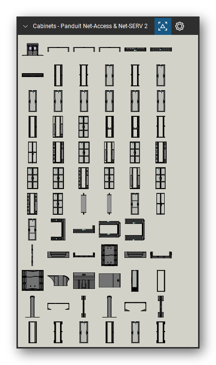Racks, Cabinets & Cable Pathways tool set for Bluebeam Revu, Panduit Net-Access & Net-SERV 2 set (tools 1-72 of 172) - 72 views of 61 devices, front, rear, side and top: CC18DD, CC18RPN8, CC18RPS6, CC18RPS7, CDE1, CDE2, CN Cabinet, CN12NU Front No Door, CN12NU Front with Door, CN22NU Front No Door and 51 more. Tool Chest in Symbol view.