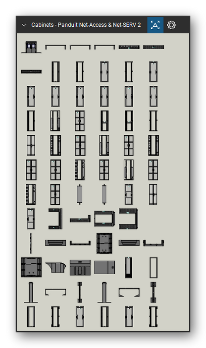 Racks, Cabinets & Cable Pathways tool set for Bluebeam Revu, Panduit Net-Access & Net-SERV 2 set (tools 1-72 of 172) - 72 views of 61 devices, front, rear, side and top: CC18DD, CC18RPN8, CC18RPS6, CC18RPS7, CDE1, CDE2, CN Cabinet, CN12NU Front No Door, CN12NU Front with Door, CN22NU Front No Door and 51 more. Tool Chest in Symbol view.