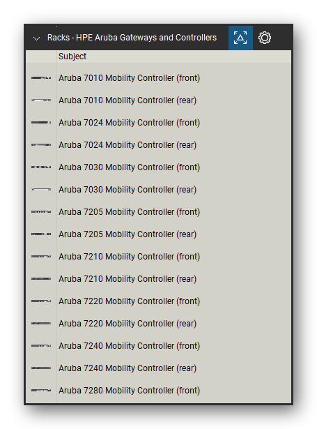 Racks tool set for Bluebeam Revu, HPE Aruba Gateways & Controllers set (part 1 of 2) - 28 views of Aruba 7000 and 7200 mobility controllers, 9004 and 9012 gateways, ClearPass C1000 and Mobility Master appliances, front and rear. Tool Chest in Detail view, one row per tool with its name.