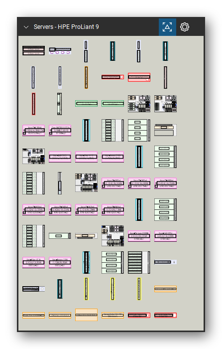 Servers tool set for Bluebeam Revu, HPE ProLiant 9 set (tools 1-66 of 183) - 66 tools: Redundant PS Enablement Kit, Gen8/9/10 FlexLOM, B320i SmartArray Riser, B320i Cache, B420i SmartArray Riser, P42xi Cache, Gen9 Flexible SA/SHBA, ML iLO Dedicated Port, 9.5mm Optical drives, Gen9 FlexSlot Pwr Supply and 56 more. Tool Chest in Symbol view.