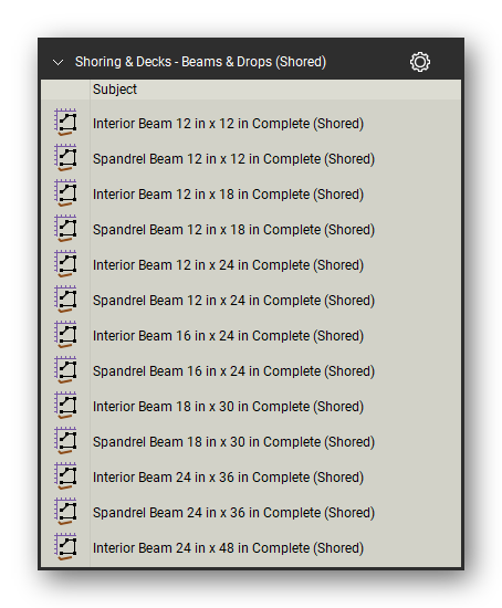 Beams and drops shored in the Shoring & Elevated Decks Takeoff & Estimating Bluebeam tool set (sheet 1 of 2)