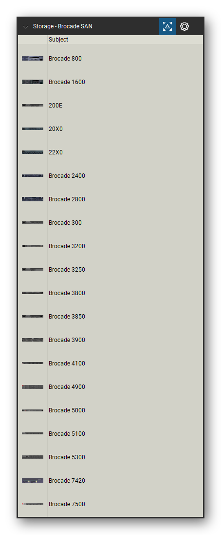 Storage & Backup tool set for Bluebeam Revu, Brocade SAN set (tools 1-20 of 96) - 20 tools: Brocade 800, Brocade 1600, 200E, 20X0, 22X0, Brocade 2400, Brocade 2800, Brocade 300, Brocade 3200, Brocade 3250 and 10 more. Tool Chest in Detail view, one row per tool with its name.