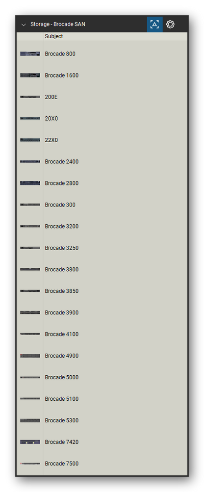 Storage & Backup tool set for Bluebeam Revu, Brocade SAN set (tools 1-20 of 96) - 20 tools: Brocade 800, Brocade 1600, 200E, 20X0, 22X0, Brocade 2400, Brocade 2800, Brocade 300, Brocade 3200, Brocade 3250 and 10 more. Tool Chest in Detail view, one row per tool with its name.