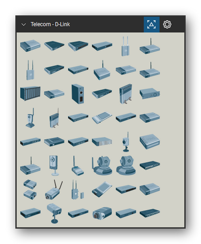 Telecom, Voice & Wireless tool set for Bluebeam Revu, D-Link set (tools 1-48 of 167) - 48 tools: DSL-500T, DFL-2500, DFL-800, DFL-1100, DWL-8200AP, DSL-G624T, DPG-321, DWL-3200AP, DFL-1600, DXS-3350SR, DNS-G300 and 38 more. Tool Chest in Symbol view.