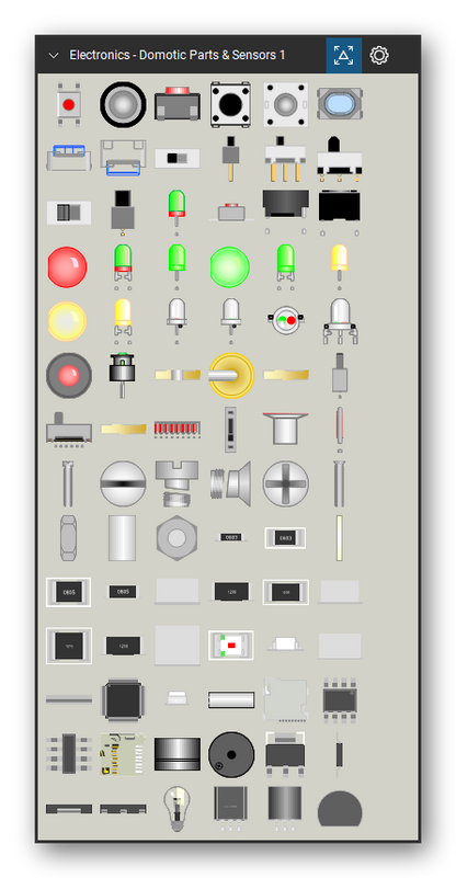 Automation & Electronics tool set for Bluebeam Revu, Domotic Parts & Sensors 1 set (tools 1-84 of 158) - 84 views of 75 devices, front, rear, side and top: Tactil Button 6*6.5mm, Push Button Round, Tactil Button 6*6.5mm Side 1, Tactil Button 6*6.mm, Tactil Button 2 Pins, SMD Tactil Switch, SMD Tactil Switch Side 1, SMD Tactil Switch Side 2, Slide Switch 12D00, Slide Switch 12D00 Side 2 and 65 more. Tool Chest in Symbol view.
