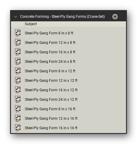 Steel ply gang forms crane in the Concrete Forming Takeoff & Estimating Bluebeam tool set (sheet 1 of 2)