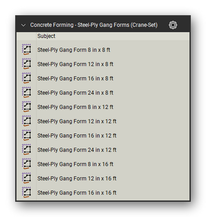 Steel ply gang forms crane in the Concrete Forming Takeoff & Estimating Bluebeam tool set (sheet 1 of 2)