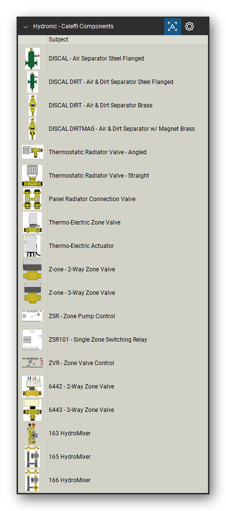 Hydronic Heating & Controls tool set for Bluebeam Revu, Caleffi Components set (tools 21-39 of 115) - 19 tools: DISCAL - Air Separator Steel Flanged, DISCAL DIRT - Air & Dirt Separator Steel, DISCAL DIRT - Air & Dirt Separator Brass, DISCAL DIRTMAG - Air & Dirt Separator, Thermostatic Radiator Valve - Angled, Thermostatic Radiator Valve - Straight, Panel Radiator Connection Valve, Thermo-Electric Zone Valve, Thermo-Electric Actuator and more. Tool Chest in Detail view, one row per tool with its name.