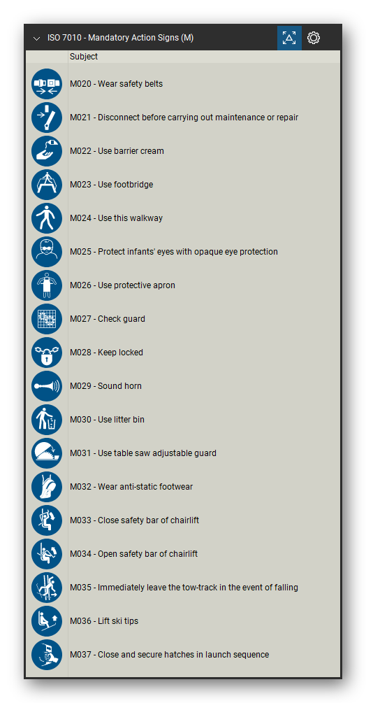 ISO 7010 Safety Signs tool set for Bluebeam Revu, Mandatory Action Signs (M) set (part 2 of 4) - 71 blue mandatory action signs: general mandatory action sign, wear ear, eye, foot, hand, head and respiratory protection, high-visibility clothing, safety harness, face shield, welding mask, use handrail, use footbridge, disconnect before maintenance, keep locked, ventilate, wash and disinfect hands, and lifeboat launch sequence signs. Tool Chest in Detail view, one row per sign with its number and full name.
