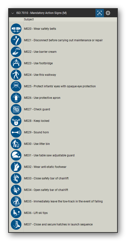 ISO 7010 Safety Signs tool set for Bluebeam Revu, Mandatory Action Signs (M) set (part 2 of 4) - 71 blue mandatory action signs: general mandatory action sign, wear ear, eye, foot, hand, head and respiratory protection, high-visibility clothing, safety harness, face shield, welding mask, use handrail, use footbridge, disconnect before maintenance, keep locked, ventilate, wash and disinfect hands, and lifeboat launch sequence signs. Tool Chest in Detail view, one row per sign with its number and full name.