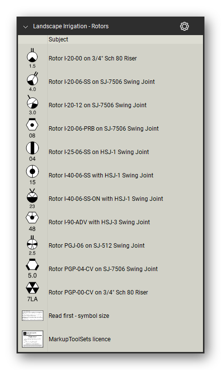 Landscape Irrigation tool set for Bluebeam Revu, Rotors set - 11 rotor symbols on risers and swing joints, each with its nozzle number as editable text. Tool Chest in Detail view, one row per tool with its full name.