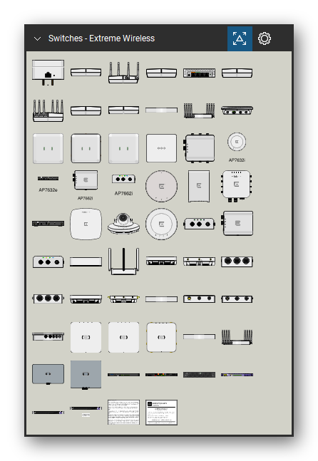 Network Switches & Routers tool set for Bluebeam Revu, Extreme Wireless set - 56 views of 54 devices, front, top and isometric: AH-ATOM, AH-AP-122, AH-AP-122X, AH-AP-130, AH-AP-150W, AH-AP-230, AH-AP-245X, AH-AP-250, AH-AP-550, AH-AP-650 and 44 more. Tool Chest in Symbol view.