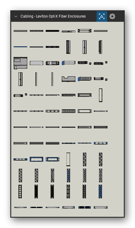 Patch Panels, Fiber & Outlets tool set for Bluebeam Revu, Leviton Opt-X Fiber Enclosures set (tools 1-72 of 102) - 72 views of 67 devices, front, rear, side and top: 5FUHD-2xL, 5FUHD-6xC, 5FUHD-6xx, HDX Cassettes and Adapter Plates - 5FUHD-BLK, HDXAD-ACC, x1LM1-xxN, x1SM1-xxN, x2LMx-BxN, x2MMx-BxN, F3168-22F and 57 more. Tool Chest in Symbol view.