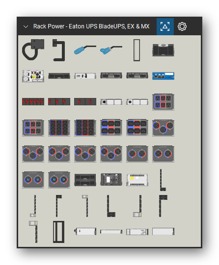 Rack Power tool set for Bluebeam Revu, Eaton UPS BladeUPS, EX & MX set (tools 1-48 of 210) - 48 views of 38 devices, front, rear and side: Parallel UPS Cable, EBM Connector, IEC Plug Connector, IEC Recep. Connector, 42U Rack Frame, UPS, EBM, RPM-3U, RPM-3Ui, Power Xpert Gateway Module and 28 more. Tool Chest in Symbol view.