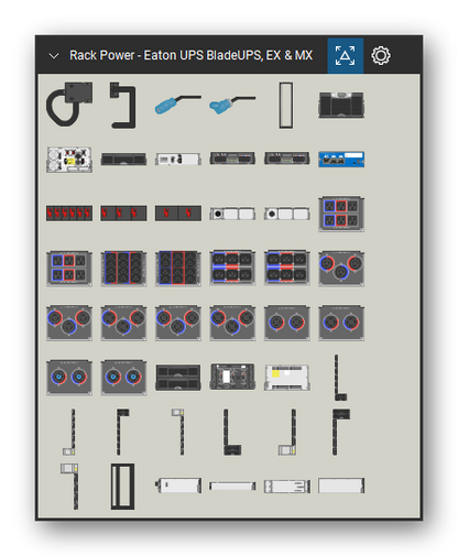 Rack Power tool set for Bluebeam Revu, Eaton UPS BladeUPS, EX & MX set (tools 1-48 of 210) - 48 views of 38 devices, front, rear and side: Parallel UPS Cable, EBM Connector, IEC Plug Connector, IEC Recep. Connector, 42U Rack Frame, UPS, EBM, RPM-3U, RPM-3Ui, Power Xpert Gateway Module and 28 more. Tool Chest in Symbol view.