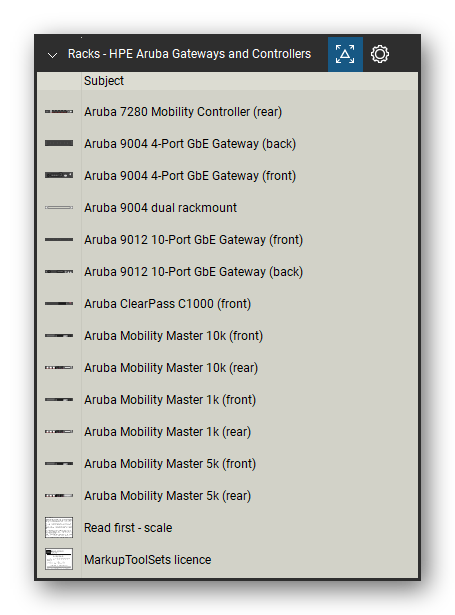 Racks tool set for Bluebeam Revu, HPE Aruba Gateways & Controllers set (part 2 of 2) - 28 views of Aruba 7000 and 7200 mobility controllers, 9004 and 9012 gateways, ClearPass C1000 and Mobility Master appliances, front and rear. Tool Chest in Detail view, one row per tool with its name.