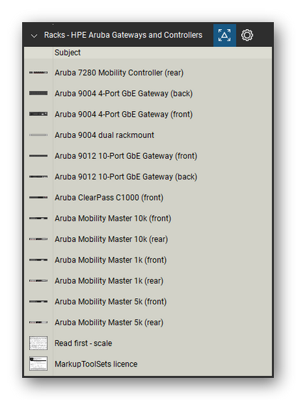 Racks tool set for Bluebeam Revu, HPE Aruba Gateways & Controllers set (part 2 of 2) - 28 views of Aruba 7000 and 7200 mobility controllers, 9004 and 9012 gateways, ClearPass C1000 and Mobility Master appliances, front and rear. Tool Chest in Detail view, one row per tool with its name.