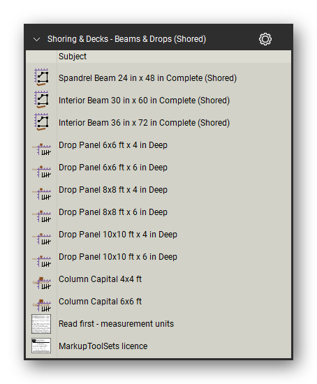 Beams and drops shored in the Shoring & Elevated Decks Takeoff & Estimating Bluebeam tool set (sheet 2 of 2)
