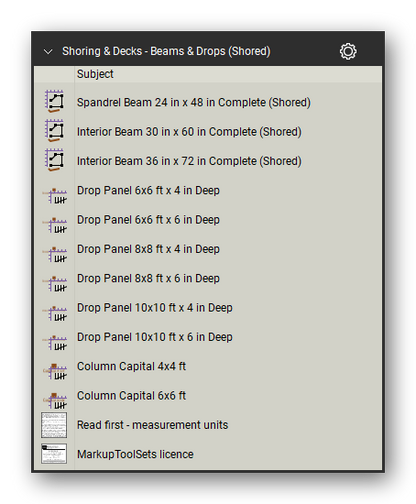 Beams and drops shored in the Shoring & Elevated Decks Takeoff & Estimating Bluebeam tool set (sheet 2 of 2)