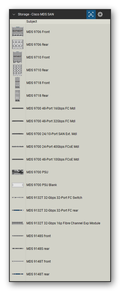 Storage & Backup tool set for Bluebeam Revu, Cisco MDS SAN set (tools 1-20 of 75) - 20 views of 15 devices, front and rear: MDS 9706, MDS 9710, MDS 9718, MDS 9700 48-Port 16Gbps FC Mdl, MDS 9700 48-Port 32Gbps FC Mdl, MDS 9700 24/10-Port SAN Ext. Mdl, MDS 9700 24-Port 40Gbps FCoE Mdl, MDS 9700 48-Port 10Gbps FCoE Mdl, MDS 9700 PSU, MDS 9700 PSU Blank and 5 more. Tool Chest in Detail view, one row per tool with its name.