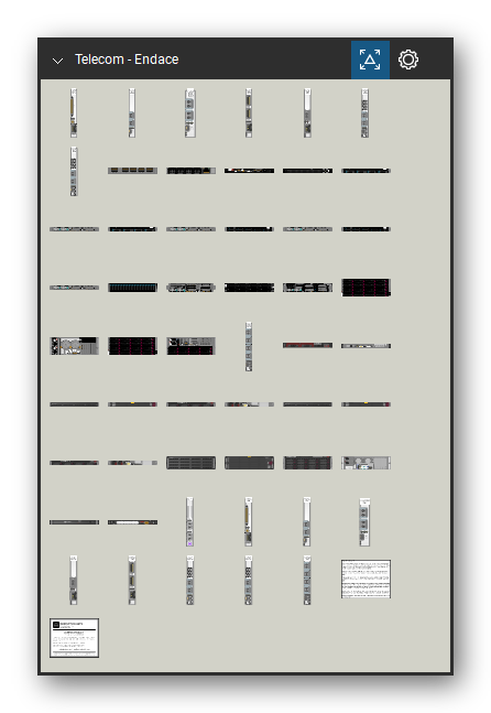 Telecom, Voice & Wireless tool set for Bluebeam Revu, Endace set - 53 views of 39 devices, front and rear: EndaceProbe - 3.7T DAG Card, EndaceProbe - 7.4S DAG Card, EndaceProbe - 7.5G2 DAG Card, EndaceProbe - 8.1IF DAG Card, EndaceProbe - 8.1SX DAG Card, EndaceProbe - 9.2SX2 DAG Card, EndaceProbe - 9.2X2 DAG Card, DAG 10X4-P, DAG 7.5G4, EP-114 and 29 more. Tool Chest in Symbol view.