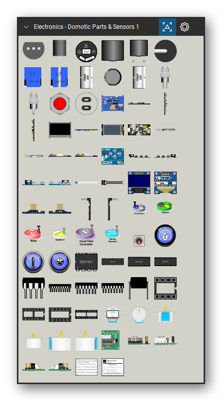 Automation & Electronics tool set for Bluebeam Revu, Domotic Parts & Sensors 1 set (tools 85-158 of 158) - 74 views of 47 devices, front, rear, side, top and bottom: TO.92, Mini Fuse, Mini Fuse Side 1, Mini Fuse Side 2, Diode D015, Diode DO15 Side 1, Diode DO15 Side 2, Electrolitic Capacitor 6,3mm Side 1, Electrolitic Capacitor 6,3mm, Electrolitic Capacitor 6,3mm Side 2 and 37 more. Tool Chest in Symbol view.