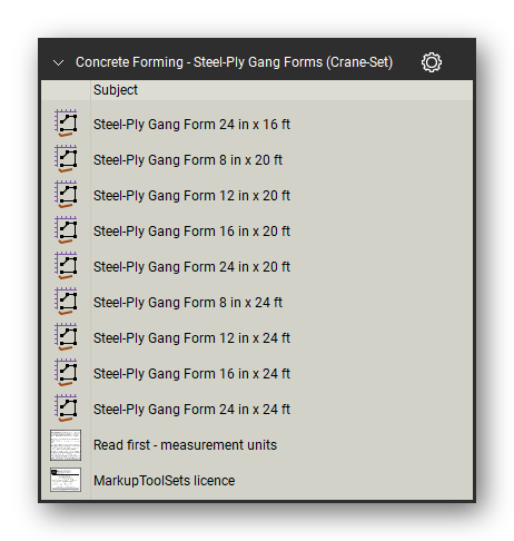 Steel ply gang forms crane in the Concrete Forming Takeoff & Estimating Bluebeam tool set (sheet 2 of 2)