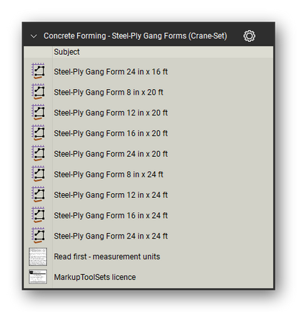 Steel ply gang forms crane in the Concrete Forming Takeoff & Estimating Bluebeam tool set (sheet 2 of 2)