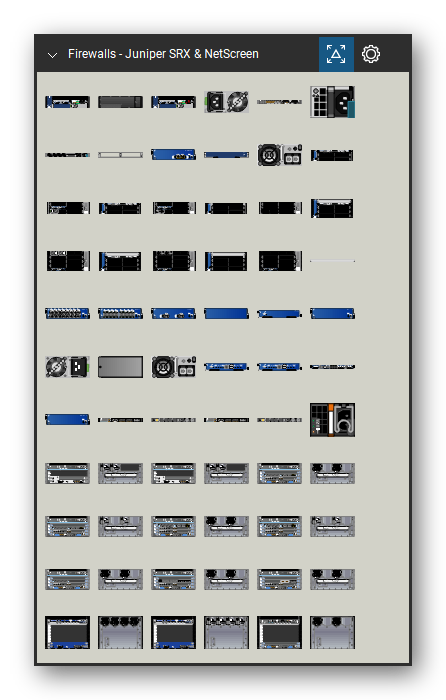 Firewalls & Security Appliances tool set for Bluebeam Revu, Juniper SRX & NetScreen set (tools 1-66 of 232) - 66 views of 48 devices, front and rear: SRX1400 GE, SRX1400, SRX1400 XGE, SRX1400-PWR-AC, SRX1500, SRX1500 PSU, SRX1K3K-2CFM-TRAY, SRX1K3K-NP-2XGE-SFPP, SRX1K-NPC-SPC-1-10-40, SRX1K-PWR-DC and 38 more. Tool Chest in Symbol view.