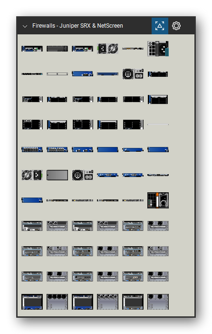 Firewalls & Security Appliances tool set for Bluebeam Revu, Juniper SRX & NetScreen set (tools 1-66 of 232) - 66 views of 48 devices, front and rear: SRX1400 GE, SRX1400, SRX1400 XGE, SRX1400-PWR-AC, SRX1500, SRX1500 PSU, SRX1K3K-2CFM-TRAY, SRX1K3K-NP-2XGE-SFPP, SRX1K-NPC-SPC-1-10-40, SRX1K-PWR-DC and 38 more. Tool Chest in Symbol view.