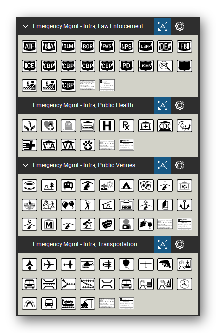Incident & Emergency Management tool set for Bluebeam Revu, the Infra, Law Enforcement, Infra, Public Health, Infra, Public Venues and Infra, Transportation sets in the Tool Chest - Infra, Law Enforcement (21 tools), Infra, Public Health (13 tools), Infra, Public Venues (25 tools) and Infra, Transportation (22 tools).