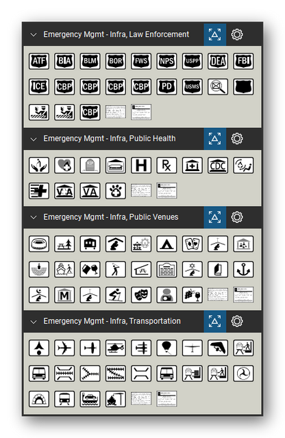 Incident & Emergency Management tool set for Bluebeam Revu, the Infra, Law Enforcement, Infra, Public Health, Infra, Public Venues and Infra, Transportation sets in the Tool Chest - Infra, Law Enforcement (21 tools), Infra, Public Health (13 tools), Infra, Public Venues (25 tools) and Infra, Transportation (22 tools).