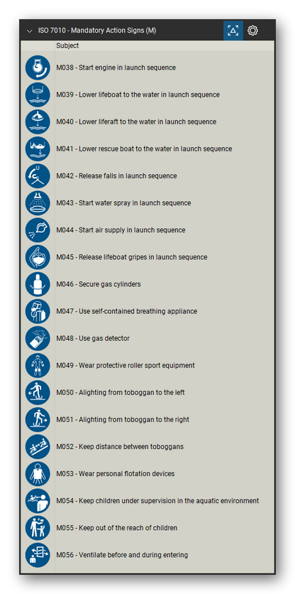 ISO 7010 Safety Signs tool set for Bluebeam Revu, Mandatory Action Signs (M) set (part 3 of 4) - 71 blue mandatory action signs: general mandatory action sign, wear ear, eye, foot, hand, head and respiratory protection, high-visibility clothing, safety harness, face shield, welding mask, use handrail, use footbridge, disconnect before maintenance, keep locked, ventilate, wash and disinfect hands, and lifeboat launch sequence signs. Tool Chest in Detail view, one row per sign with its number and full name.