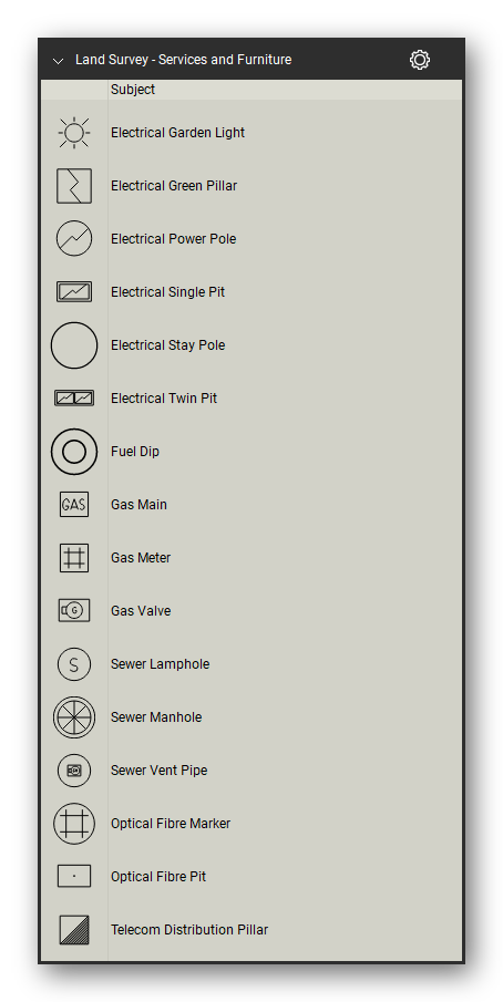 Land Survey tool set for Bluebeam Revu, Services and Furniture set (part 2 of 3) - 48 service and street furniture symbols: electrical, telecom and optical fibre pits, pillars, markers and poles, gas mains, meters and valves, sewer manholes, lampholes and vent pipes, water air valves, hydrants, meters, pumps and taps, drainage gully pits and manholes, traffic lights and signal controllers, seats, bus stop signs, flag poles, post boxes and more. Tool Chest in Detail view, one row per tool with its full name.