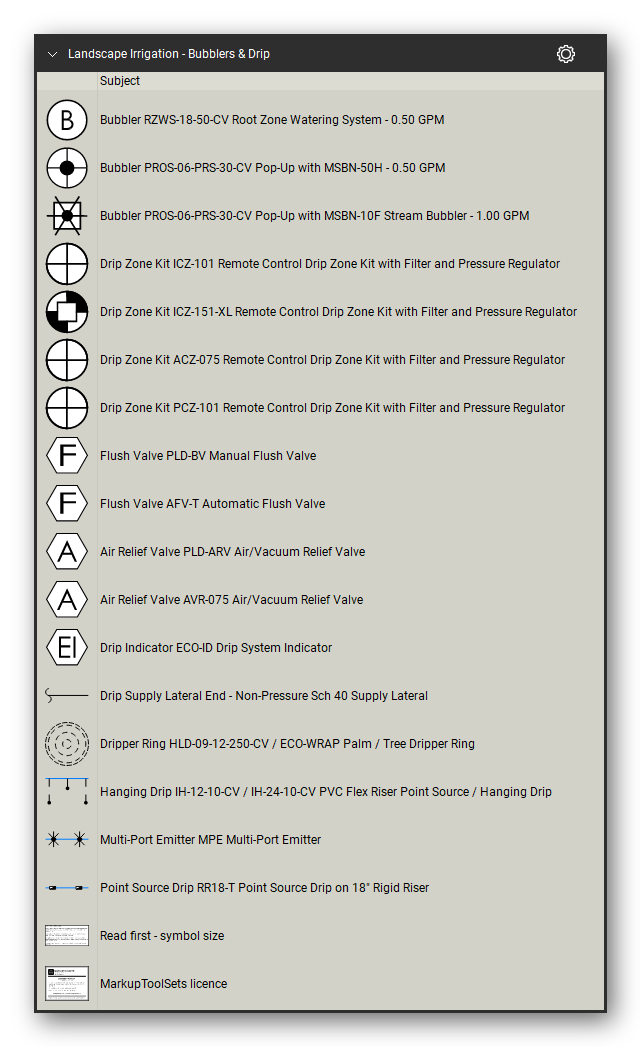Landscape Irrigation tool set for Bluebeam Revu, Bubblers & Drip set - 17 bubbler and drip symbols: root zone watering and stream bubblers, drip zone kits with filter and pressure regulator, manual and automatic flush valves, air/vacuum relief valves, drip indicator, lateral end, dripper ring, hanging drip, multi-port emitter and point source drip. Tool Chest in Detail view, one row per tool with its full name.