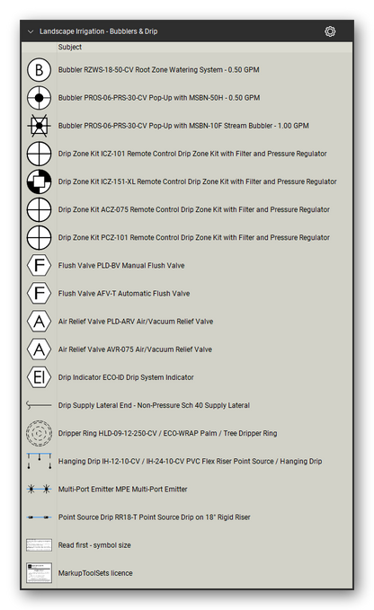 Landscape Irrigation tool set for Bluebeam Revu, Bubblers & Drip set - 17 bubbler and drip symbols: root zone watering and stream bubblers, drip zone kits with filter and pressure regulator, manual and automatic flush valves, air/vacuum relief valves, drip indicator, lateral end, dripper ring, hanging drip, multi-port emitter and point source drip. Tool Chest in Detail view, one row per tool with its full name.