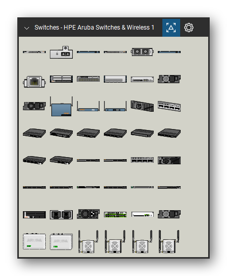 Network Switches & Routers tool set for Bluebeam Revu, HPE Aruba Switches & Wireless 1 set (tools 1-48 of 277) - 48 views of 32 devices, front, rear, top and isometric: Aruba 800, Aruba 1000-SX Connector, Aruba 2400, Aruba SX GBIC, Aruba RJ45 GBIC, Aruba 5000, Switch 5000 - Aruba Line Card, Switch 5000 - Aruba Supervisor Card, Switch 5000 - Aruba 200W PS, Aruba 400W PS and 22 more. Tool Chest in Symbol view.