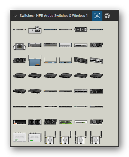 Network Switches & Routers tool set for Bluebeam Revu, HPE Aruba Switches & Wireless 1 set (tools 1-48 of 277) - 48 views of 32 devices, front, rear, top and isometric: Aruba 800, Aruba 1000-SX Connector, Aruba 2400, Aruba SX GBIC, Aruba RJ45 GBIC, Aruba 5000, Switch 5000 - Aruba Line Card, Switch 5000 - Aruba Supervisor Card, Switch 5000 - Aruba 200W PS, Aruba 400W PS and 22 more. Tool Chest in Symbol view.