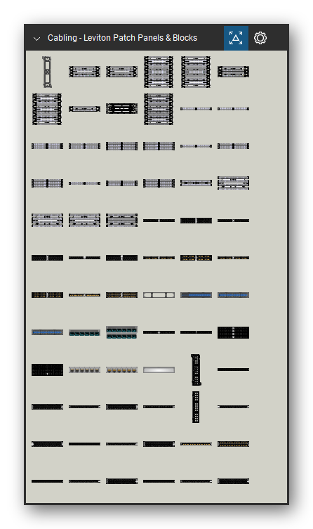 Patch Panels, Fiber & Outlets tool set for Bluebeam Revu, Leviton Patch Panels & Blocks set (tools 1-72 of 142) - 72 tools: 40089-00B, 41AB2-1F4, 41AB2-1F5, 41AB2-3F4, 41AB2-3F5, 41AB6-1F4, 41AB6-3F4, 41AW1-050, 41AW2-100, 41AW2-300 and 62 more. Tool Chest in Symbol view.