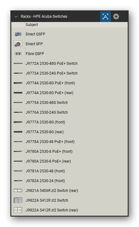 Racks tool set for Bluebeam Revu, HPE Aruba Switches set (part 1 of 10) - 187 views of Aruba 2530, 2540, 2930F, 2930M, 3810M, 5400R, 6200F, 6300, 6400, 8320, 8325 and 8400 switches with their modules, power supplies and fan trays, front and rear, and SFP and QSFP transceivers. Tool Chest in Detail view, one row per tool with its name.
