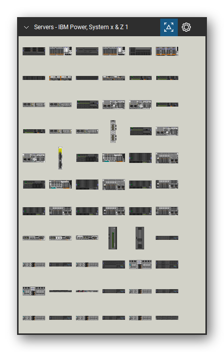 Servers tool set for Bluebeam Revu, IBM Power, System x & Z 1 set (tools 1-66 of 185) - 66 views of 43 devices, front and rear: 5802 I/O Drawer, 5877 I/O Drawer, EMX0 PCIe Gen3 I/O, EXP 12S (5886), EXP 24S (5887), Power 710 Tape, Power 710 Disk, Power 710 Rack, Power 710 Rack Rear (E1C/E1D), Power 720 Rack and 33 more. Tool Chest in Symbol view.