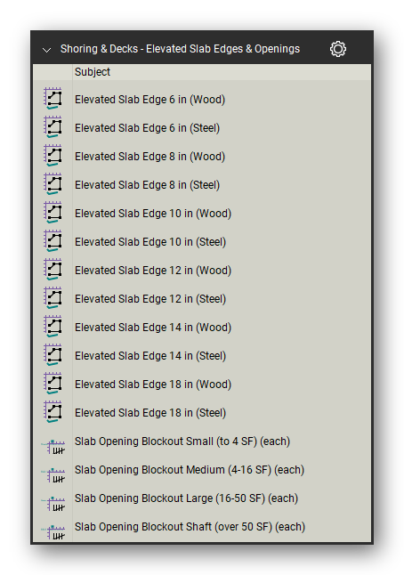 Slab edges and openings in the Shoring & Elevated Decks Takeoff & Estimating Bluebeam tool set (sheet 1 of 2)
