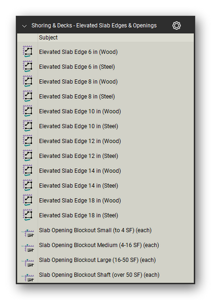 Slab edges and openings in the Shoring & Elevated Decks Takeoff & Estimating Bluebeam tool set (sheet 1 of 2)